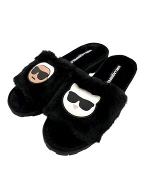 NWT Karl Lagerfeld Size 7 Fun Slippers Furry Slip- On Slide Karl & His Cat